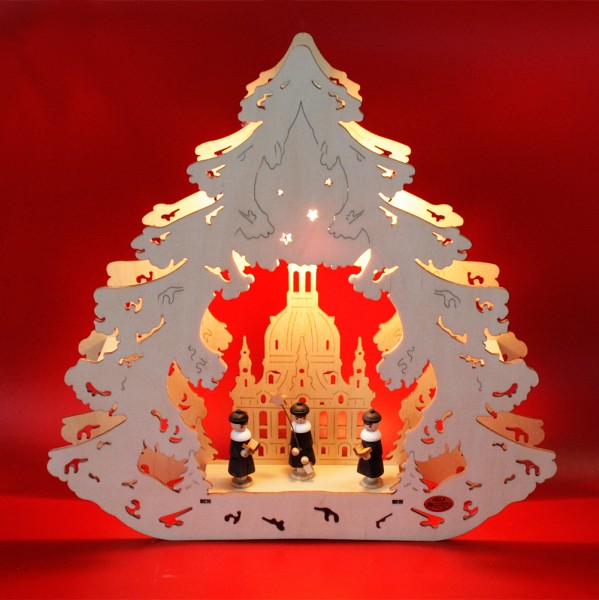 Fensterbild Baum beleuchtet Dresden mit Kurrendefiguren