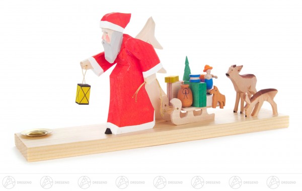Weihnachtsmann mit Schlitten und Rehen, geschnitzt, für Kerze Durchmesser 14mm