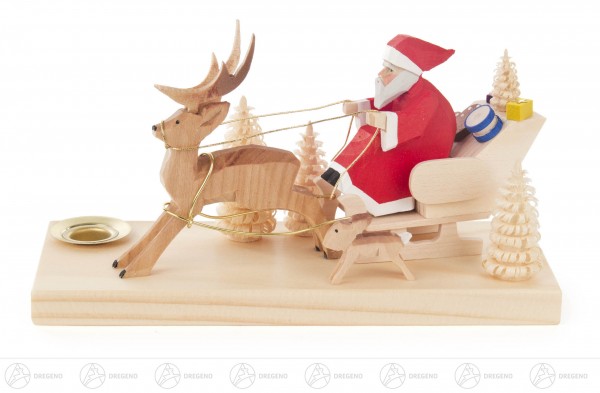 Weihnachtsmann im Hirschschlitten mit Hase, geschnitzt, für Kerze Durchmesser 14mm