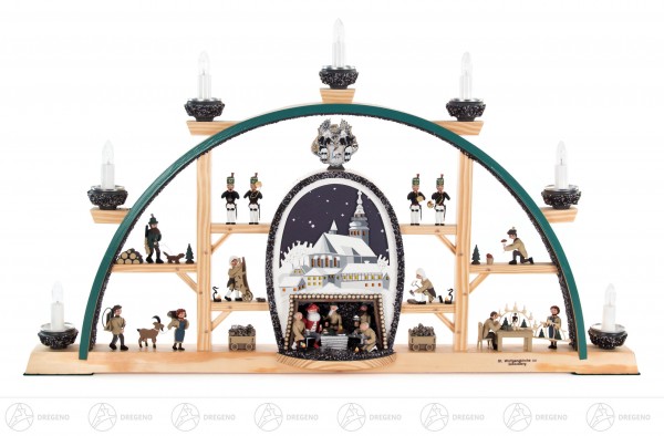 Schwibbogen "St. Wolfgangkirche zu Schneeberg" mit Bergwerk und Erzgebirgsfiguren, elektrisch beleuc