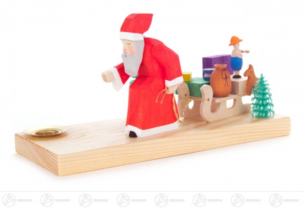 Weihnachtsmann mit Schlitten, geschnitzt, für Kerze Durchmesser 14mm