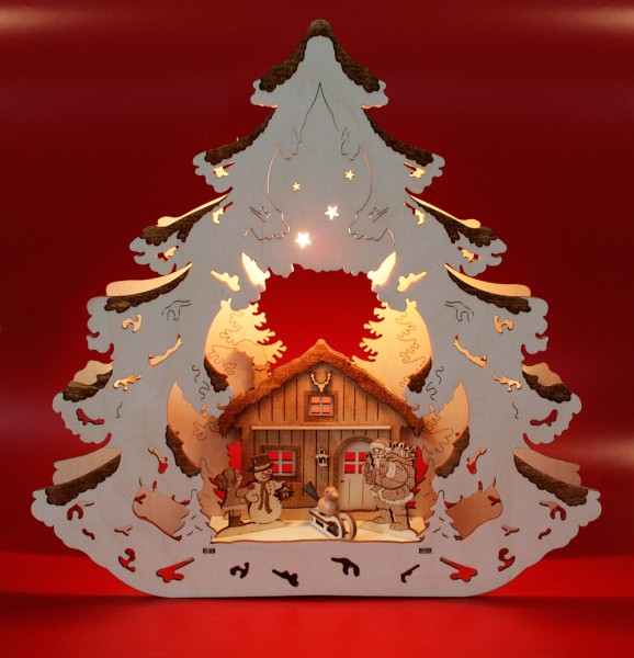 Fensterbild Baum beleuchtet, Forsthaus graviert